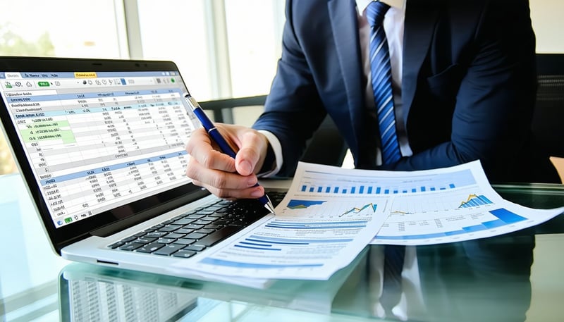 A professional accountant reviewing financial statements with QuickBooks software on a laptop.